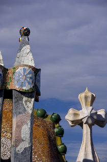 Views of typical Gaudi chimney sturctures covered in colorful broken pottery tiles called trencadis von Danita Delimont