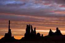 Sunrise creates silhouettes of totem pole-like rock formations von Danita Delimont