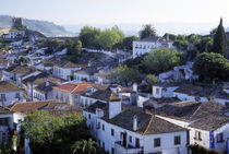 Elevated view of whitewashed houses and 14th century crenellated walls of castle von Danita Delimont