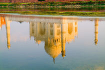World famous Taj Mahal temple reflection at sunset from Yamuna River in town of Agra India by Danita Delimont