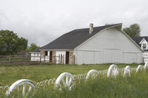 White barn and wagon-wheel fence on farm von Danita Delimont