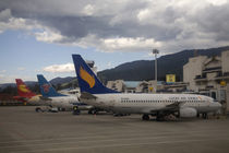 Domestic Chinese jet airliners lined up at departure gates at Lijiang Airport by Danita Delimont