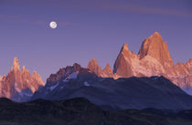 Patagonia Parque Nacional los Glaciares Moon over Cerro Torre and Cerro Fitz Roy at sunrise by Danita Delimont