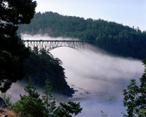 Fog drifts under the Deception Pass bridge at Deception Pass State Park von Danita Delimont