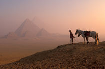 Giza pyramids at dawn with horses and guide (MR) by Danita Delimont
