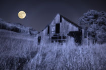Digitally altered infrared photograph of an old weathered barn in a rural area with a full moon overhead by Danita Delimont