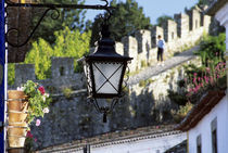 Iron streetlamp and 14th century crenellated walls that surround hill town von Danita Delimont