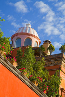 The dome of a church above the rooftops lined with flower pots by Danita Delimont