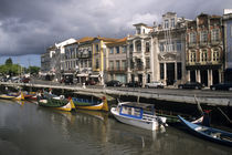 Moliceiros (seaweed collecting boats) moored along the Canal Central by historic buildings by Danita Delimont