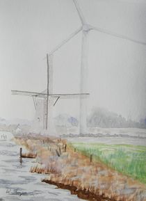Foggy Windmill and Wind Turbine von Warren Thompson