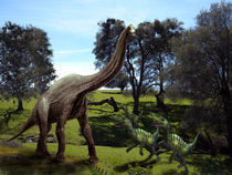 Brachiosaurus Attacked by Velociraptors by Frank Wilson by Frank Wilson
