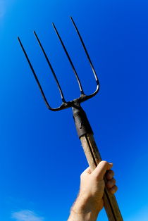 Man's hand holding up pitchfork against blue sky by Sami Sarkis Photography