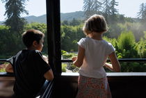 Girl (6-7) and boy (11-12) looking out of train window by Sami Sarkis Photography