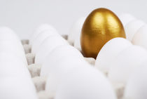 One golden egg in box of white eggs von Sami Sarkis Photography