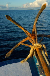 Rusty anchor on back of boat by Sami Sarkis Photography