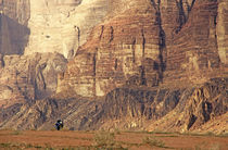 Person riding a motorbike through the desert alongside some cliffs von Sami Sarkis Photography