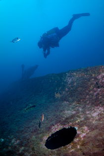 Diver exploring shipwreck von Sami Sarkis Photography