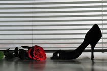 High heeled shoe by blinds nearby a rose on floor by Sami Sarkis Photography