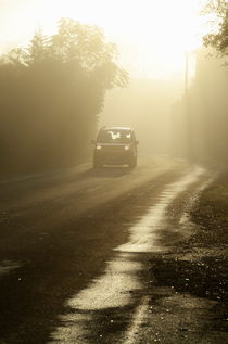 Car on foggy countryside road at sunrise von Sami Sarkis Photography