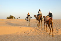 Family riding three camels in desert von Sami Sarkis Photography