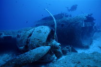 Diver exploring sunken B17 airplane wreck by Sami Sarkis Photography