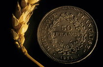 Ear of wheat next to a French fifty franc coin. by Sami Sarkis Photography