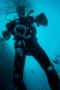 Bubbles surrounding a scuba diver underwater by Sami Sarkis Photography