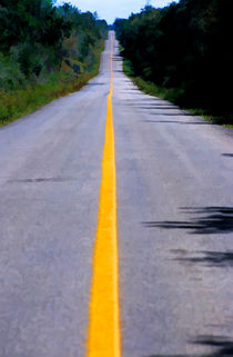 Yellow dividing line marking an empty road between Uxmal and Kabah by Sami Sarkis Photography