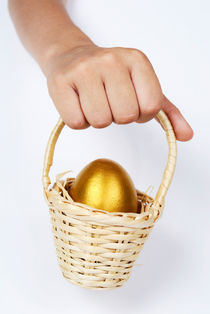 Girl's hand holding basket with golden egg by Sami Sarkis Photography