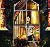 Alle Kinder schauen auf das brennende Haus, ausser Klaus – der schaut heraus von Asta Legios